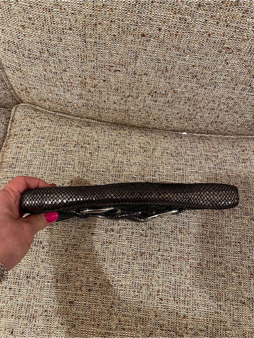 Vintage Brand New MK Black Metallic Snakeskin-Effect Clutch with Silver Buckle - Picture 6 of 16